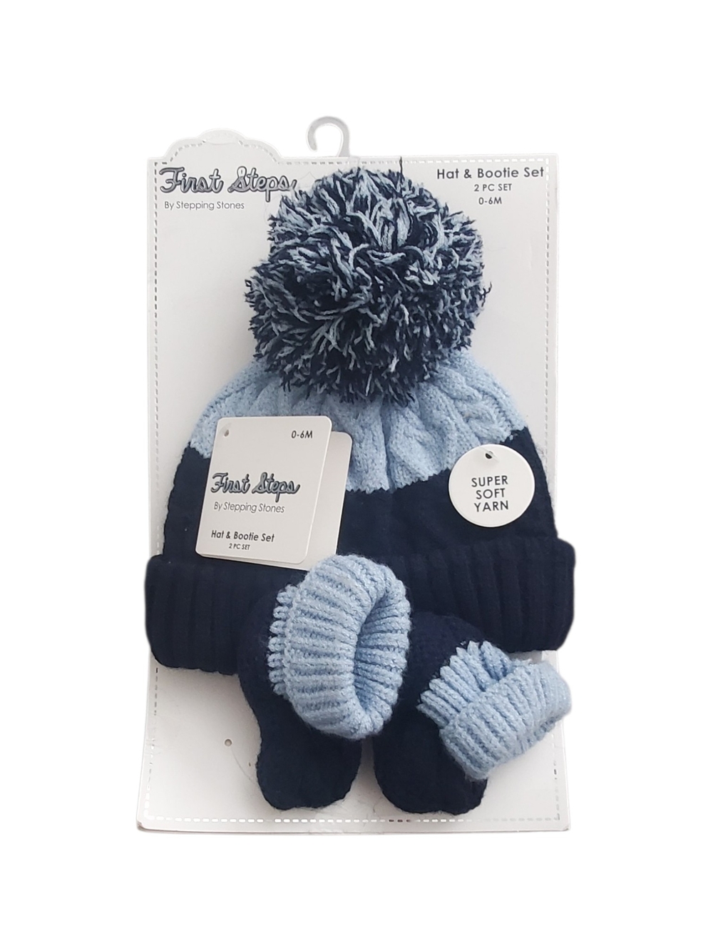 First Steps Baby Pom-Pom Hat & Booties Set - Light Blue & Navy